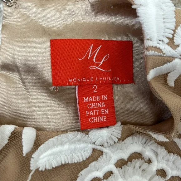 ML Monique Lhuillier White & Beige nude Lacey Cocktail formal Dress xs 3D Sz 2 - Picture 15 of 17